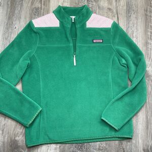 Vineyard Vines Shep Shirt Fleece Mock Green 1/4 Zip Pink Stripe Womens Medium